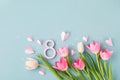 8 March. Happy Women\'s Day. Greeting card with spring flowers and number 8 for international woman celebration