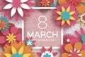 8 March. Happy Women s Day. Red Paper cut Floral Greeting card. Origami flower.Square Frame, space for text. Happy Royalty Free Stock Photo