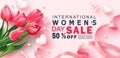 8 March Happy Women`s Day sale banner. Beautiful Background with tulips,hearts, serpentine, beads and ribbon. Vector