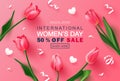 8 March Happy Women`s Day sale banner. Beautiful Background with tulips, hearts and serpentine. Vector illustration for