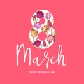 8 March. Happy Women`s Mother`s Day. Floral Greeting Card. Hand Drawn. Royalty Free Stock Photo