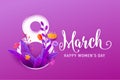 8 march, happy womens day greeting banner vector illustration in 3d paper cut style. Big number eight with spring