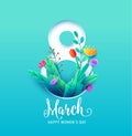 8 march, happy womens day greeting card vector illustration in 3d paper cut style. Number eight with spring flowers and Royalty Free Stock Photo