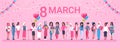 8 March Holiday Background With Happy Group Of Mix Race Woman And Decoration Horizontal Banner