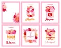 8 March holiday card with colorful flowers, envelope and gift box. Women's day greetings in russian and beautiful gifts.