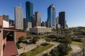 MARCH 7, 2018 , HOUSTON, TEXAS - High rise buildings in Houston cityscape illuminated at sunset,. Skyline, view Royalty Free Stock Photo