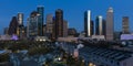 MARCH 7, 2018 , HOUSTON, TEXAS - High rise buildings in Houston cityscape illuminated at sunset,. City, USA Royalty Free Stock Photo