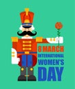 8 March. Hussar retro soldier presents rose. International womens day. Greeting card, flyer, poster