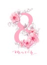 8 march illustration. Women s Day greeting card design with cherry blossoms.