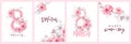 8 march illustration. Women's Day greeting card design with cherry blossoms. Branch of sakura with petals.