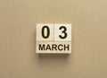 3 March inscription on wooden calendar