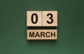 3 March inscription on wooden calendar