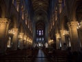 March 2019 Interior nave ceiling of medieval french gothic architecture Notre Dame cathedral church Paris Ile de France