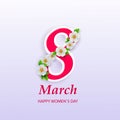 March 8. International Women Day. Vector spring holiday illustration. Paper cutout number eight with colorful flower