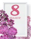 8 march international women's day background with flowers. Lilac blossoms romantic design. Women day background with frame flower