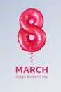 March 8. International Women`s Day banner. Realistic 3D vector illustration with flying balloon in the form of number 8