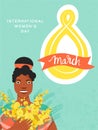 8 march, International Women`s Day greeting card. Beautiful afro-american girl holding a bouquet of yellow mimosa flowers. Royalty Free Stock Photo