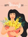 8 march, International Women`s Day greeting card. Beautiful girl holding a bouquet of yellow mimosa flowers in her hands. Royalty Free Stock Photo