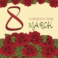 8 March International Women's Day. Greeting card, invitation, banner. Bouquet of flowers red roses and green leaves