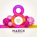 8 March International women`s day greeting card - ribbon in the shape of sign eight and flowers. Royalty Free Stock Photo