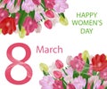 March 8 International Women`s Day greeting card template with flowers. Background with tulips. Vector Royalty Free Stock Photo