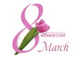 8 March. International Women`s day. Happy Women`s Day. Spring flower, pink beautiful tulip with number 8. Vector Royalty Free Stock Photo