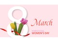 8 March. International Women`s day. Happy Women`s Day. Spring flower, pink beautiful tulip with number 8. Vector Royalty Free Stock Photo