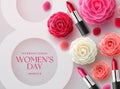 March 8 international women`s day vector design. Women`s day text with lipstick and camellia flower elements Royalty Free Stock Photo