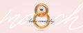 8 March - happy women`s day vector illustration. Realistic 3d gold metal number eight and hand drawn script greeting