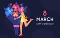 8 March. International Women's Day. Beautiful and joyful girl holding huge bouquet of flowers. Disproportionate body