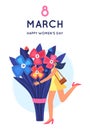 8 March. International Women's Day. Beautiful and joyful girl holding huge bouquet of flowers. Disproportionate body