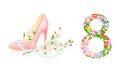 8 March International Womens Day cards design set. Number 8 and pink high heel shoe with cherry blossom flowers vector Royalty Free Stock Photo