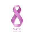 March 8 - International Womens Day Design of greeting card. Realistic pink purple ribbon background. Vector illustration