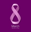 March 8 International Womens Day Design of greeting card. Realistic pink ribbon on purple background Vector illustration Royalty Free Stock Photo