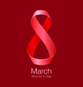 March 8 - International Womens Day Design of greeting card. Realistic red ribbon on red background. Vector illustration