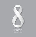 March 8 - International Womens Day Design of greeting card. Realistic white ribbon background. Vector illustration