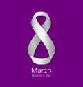 March 8 - International Womens Day Design of greeting card. Realistic white ribbon on purple background. Vector Royalty Free Stock Photo