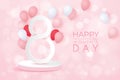 8 March. International Womens Day sales design template. Festive background with number 8, pink and white balloon, white number 8 Royalty Free Stock Photo