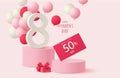 8 March. International Womens Day sales design template. Festive background with number 8, red and white balloon.