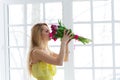 8 march, international womens day, woman with flowers.