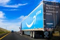 March 19, 2018 Kettleman City / CA / USA - Amazon truck driving on the interstate, the large Prime logo printed on the side Royalty Free Stock Photo