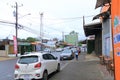 March 7 2023 - La Fortuna, Costa Rica: Main street with cars, shops and pedestrians