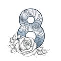 Vector silver number 8 with black dotted rose flower, leaf and swirls in black isolated on white background. Dotwork floral card.