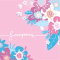 8 march lettering on russian, colorful abstract bouquet border. Spring floral background print with blossom vector flat