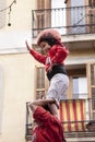 March 22, 2015. Little girl on the top of human castle. Castellers Royalty Free Stock Photo
