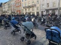 March 18, 2022 - Lviv, Ukraine: Installation of empty baby carriages on the main square of the city in memory of the