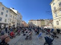 March 18, 2022 - Lviv, Ukraine: Installation of empty baby carriages on the main square of the city in memory of the