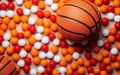 March madness poster. Big orange basketball ball close up with round decorations looking like pills scattered on the floor, flat Royalty Free Stock Photo