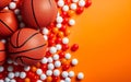 March madness poster. Big orange basketball balls close up with small round decorations scattered on warm yellow background, flat Royalty Free Stock Photo