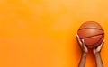 March madness poster. Hands holding basketball ball. Photorealistic orange basketball ball on orange background. AI Generative